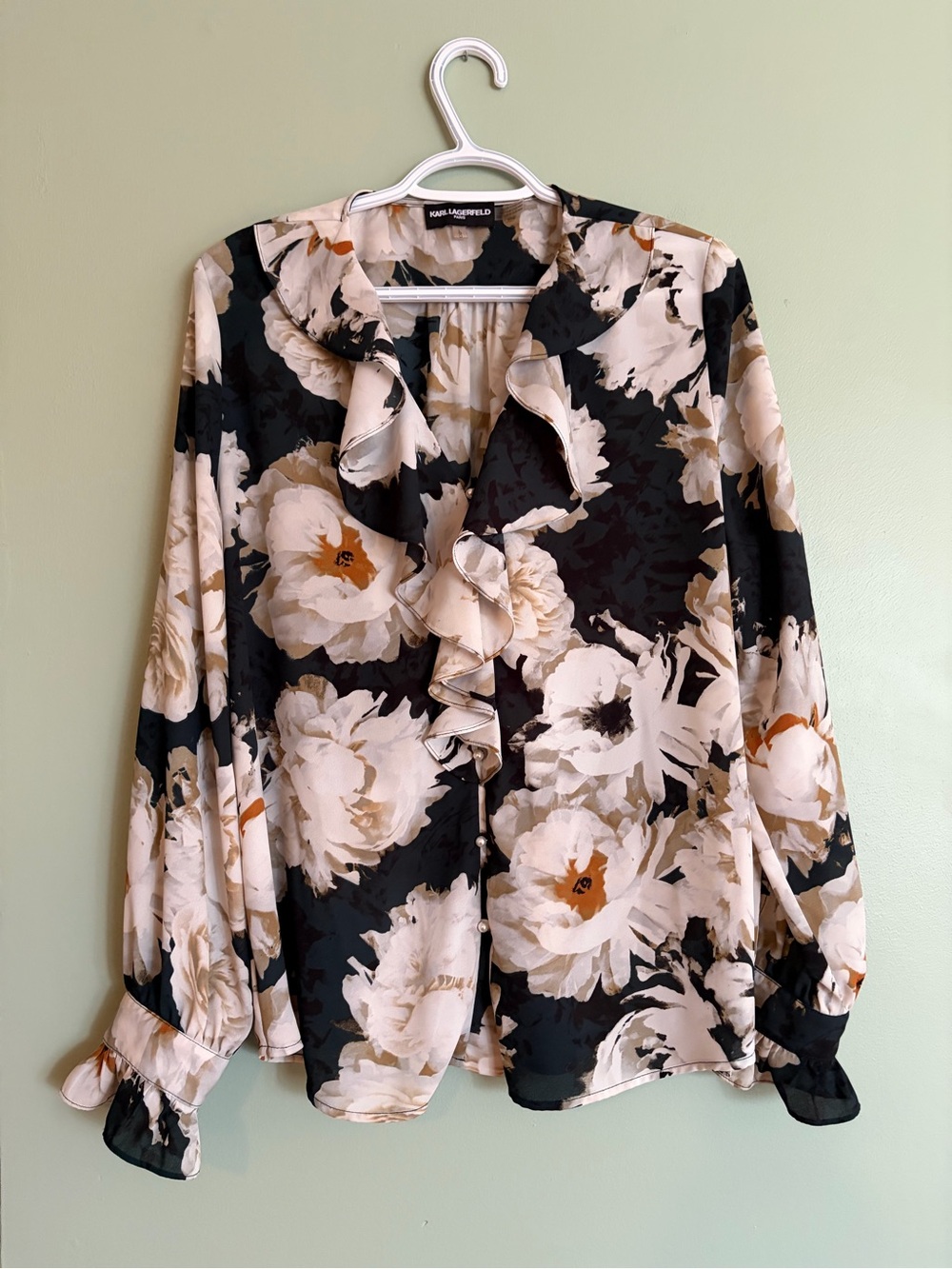 Karl Lagerfeld Paris Floral Ruffle Blouse Coquette Chiffon Pearl Tunic Top L